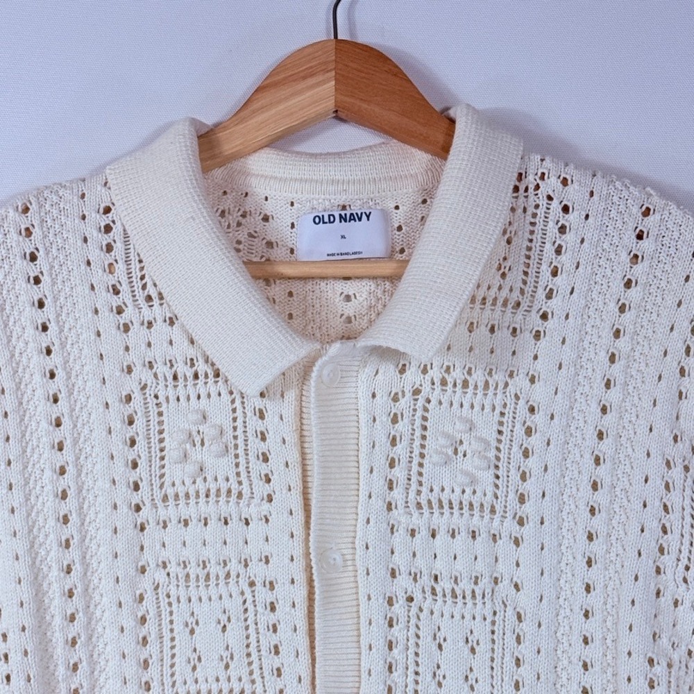 Old Navy Crochet Polo Sweater Women XL Cream Grandpacore Coastal Bowling Cottage - Picture 2 of 9